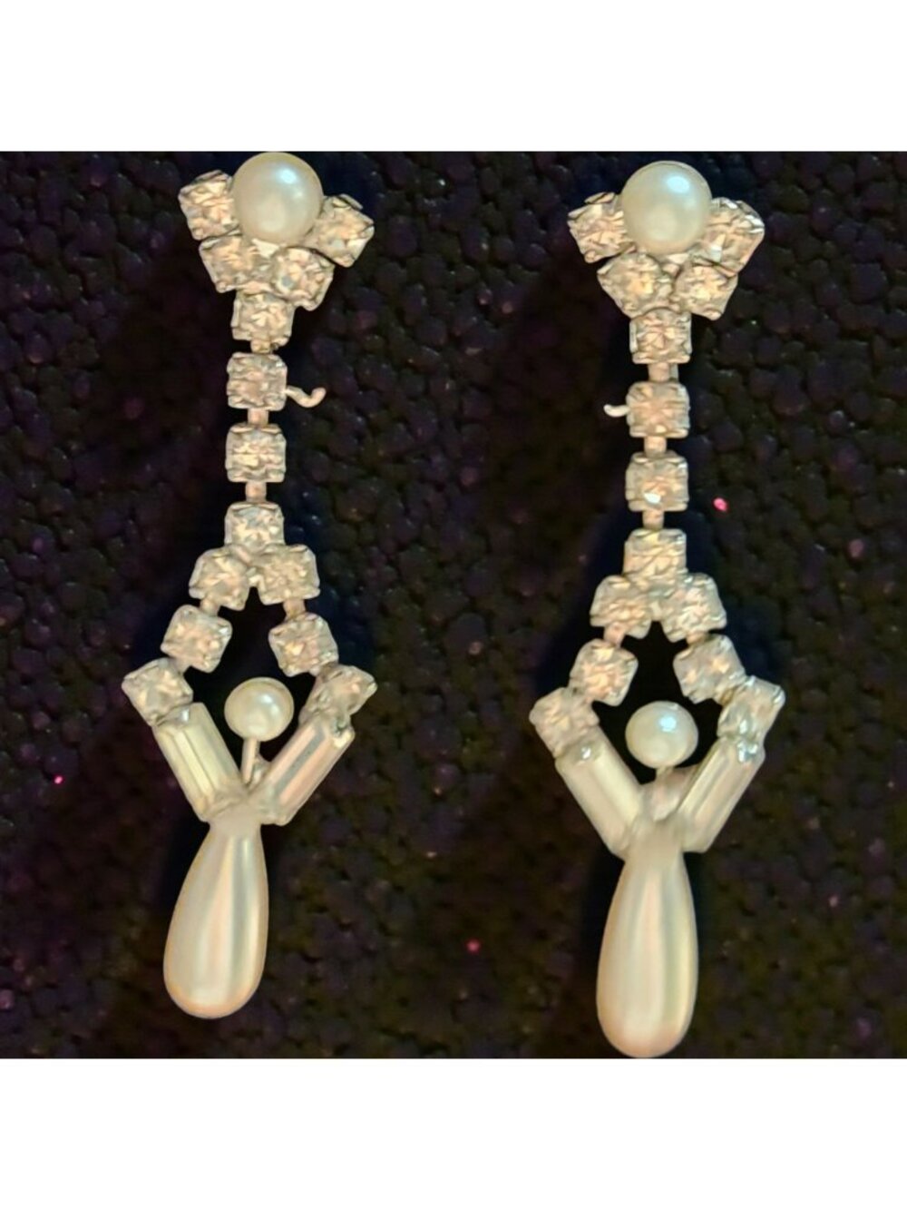 Vintage Rhinestone & Faux Pearl Clip-On Dangle Earrings